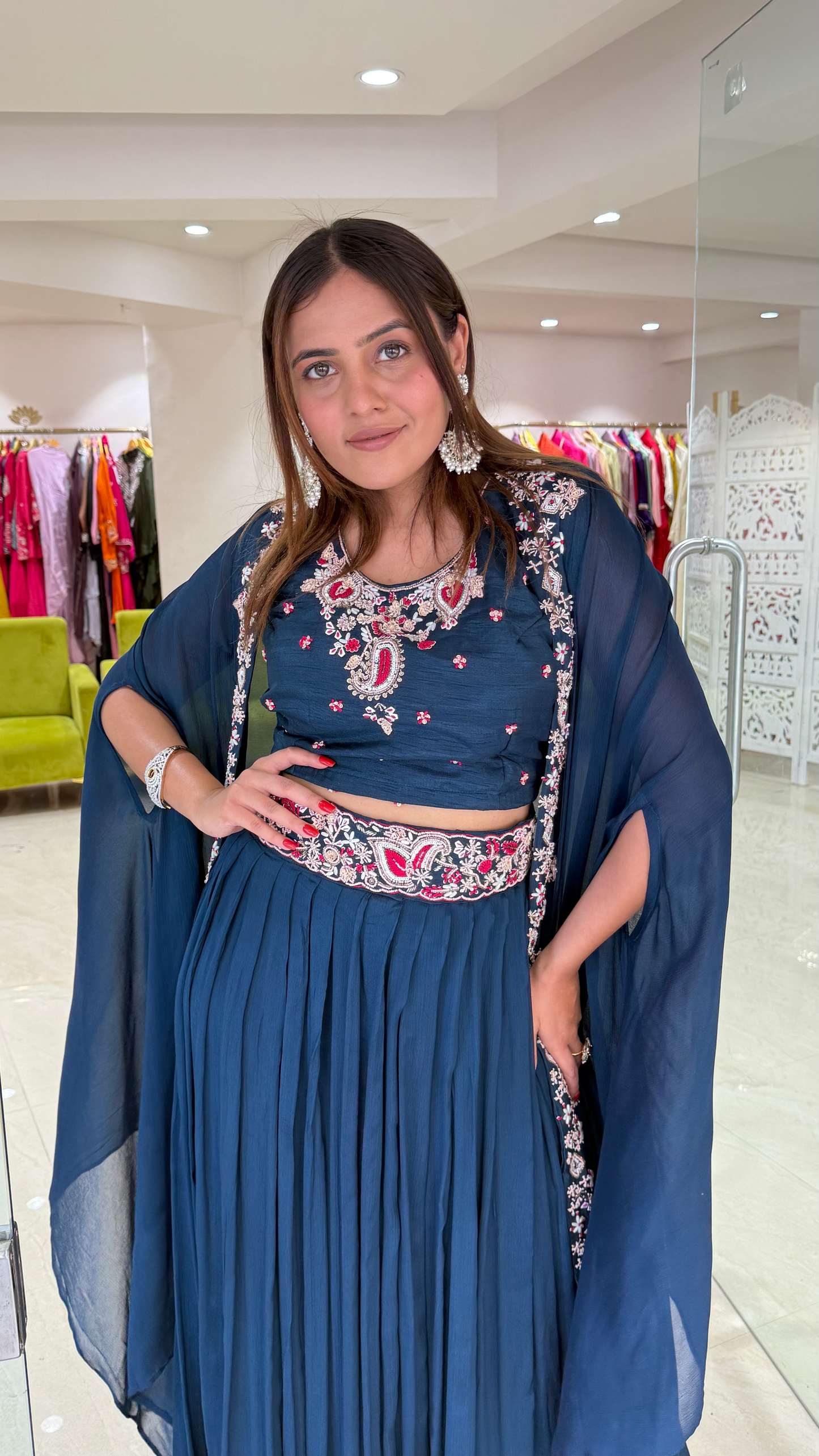 Chinnon Dark Blue Crop Top Skirt Shrug