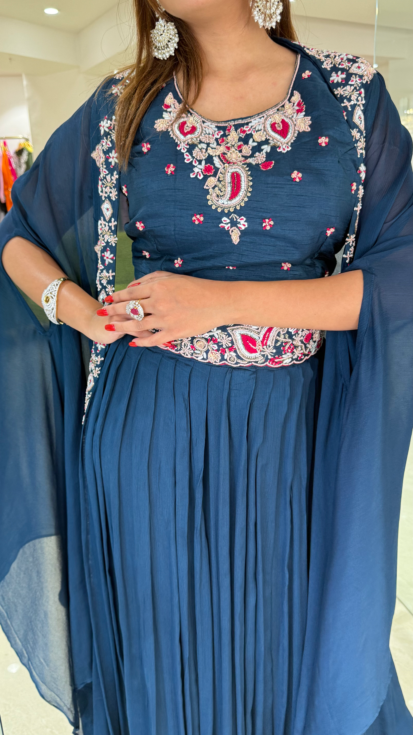 Chinnon Dark Blue Crop Top Skirt Shrug