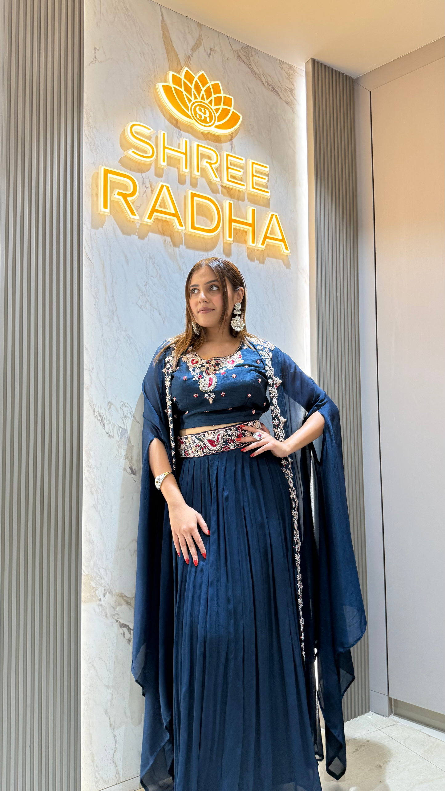 Chinnon Dark Blue Crop Top Skirt Shrug