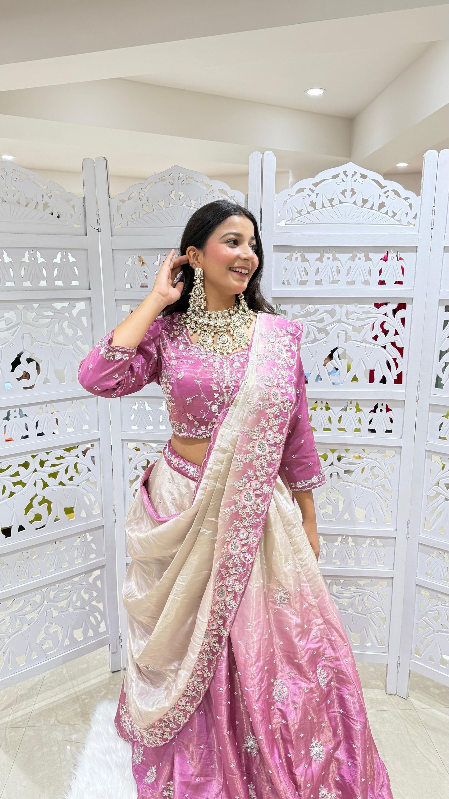 Drape lehenga Sequence jardoshi Threadwork Motiwork kathdaana