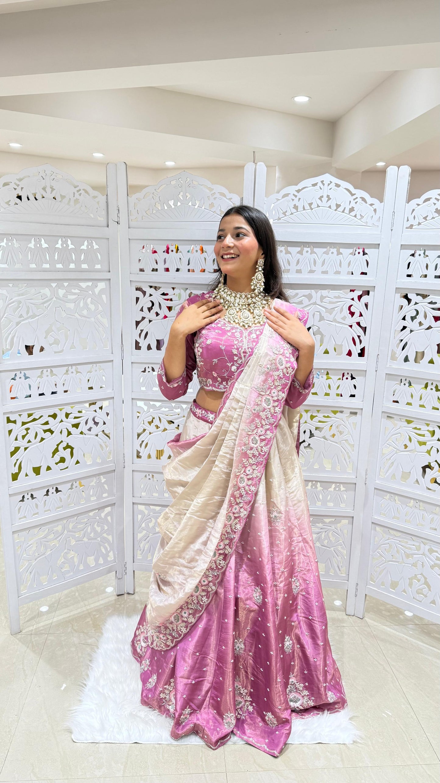 Drape lehenga Sequence jardoshi Threadwork Motiwork kathdaana