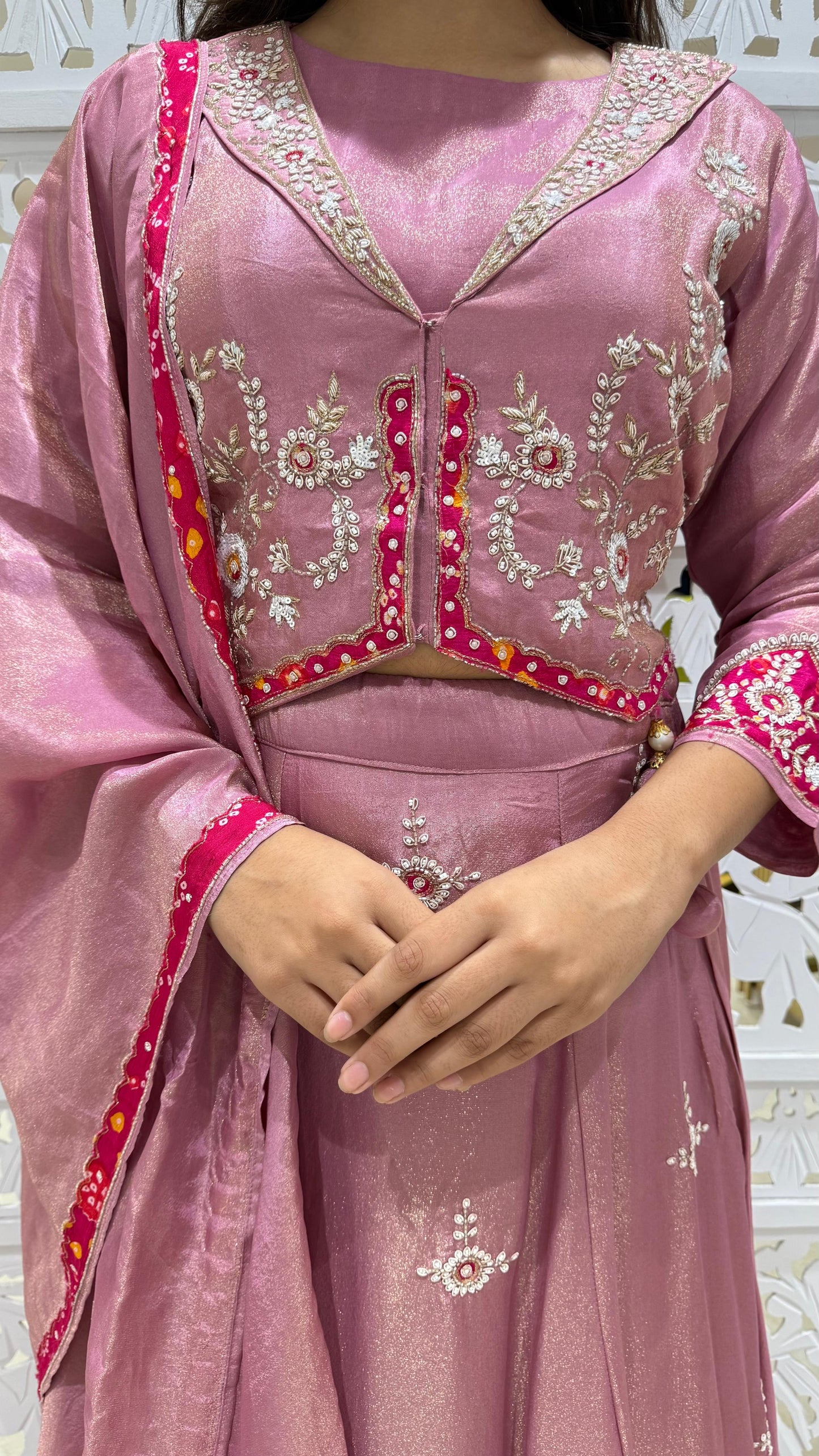 Lehenga jardoshi kathdaana motiwork patchwork