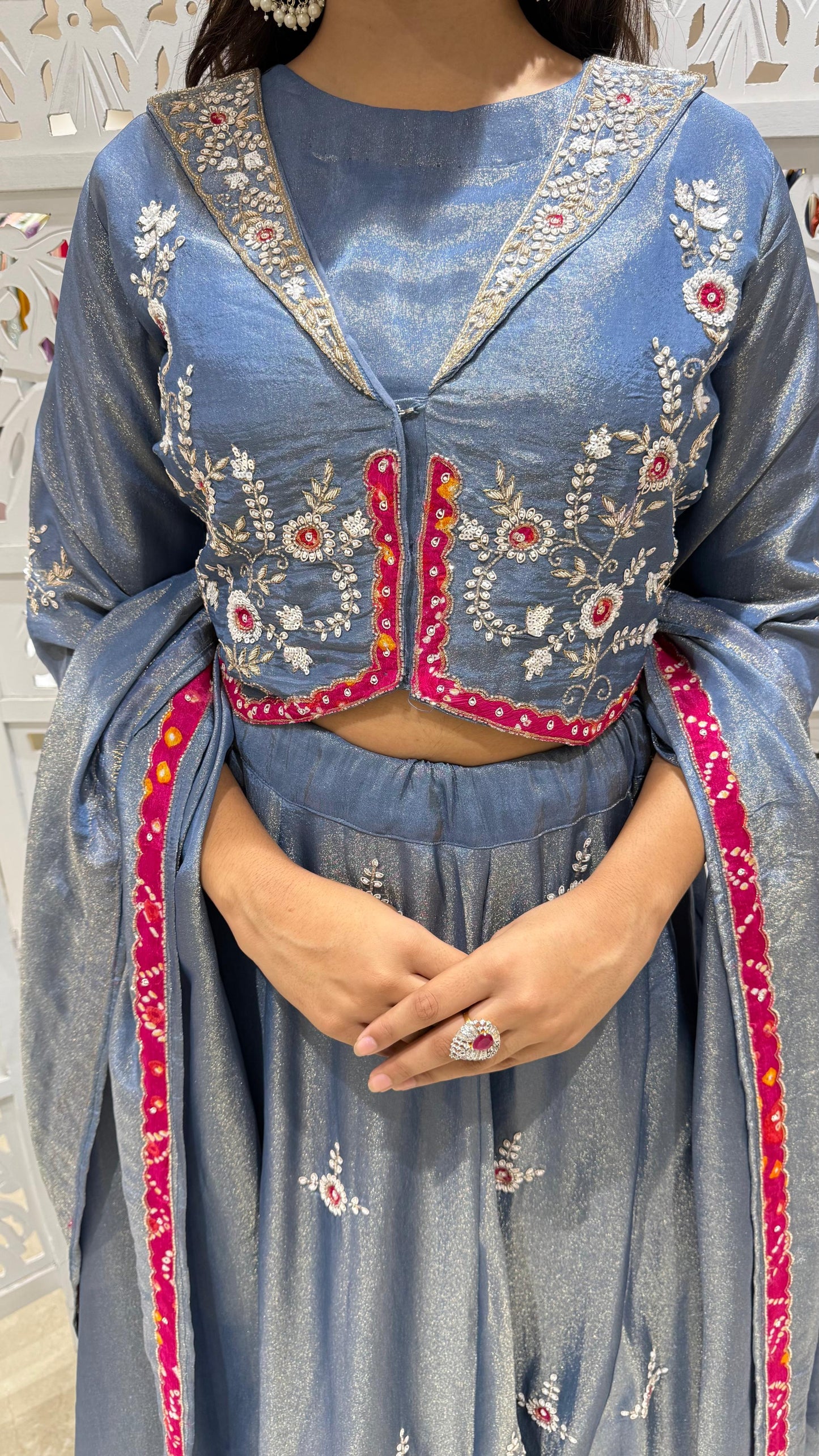 Lehenga jardoshi kathdaana motiwork patchwork