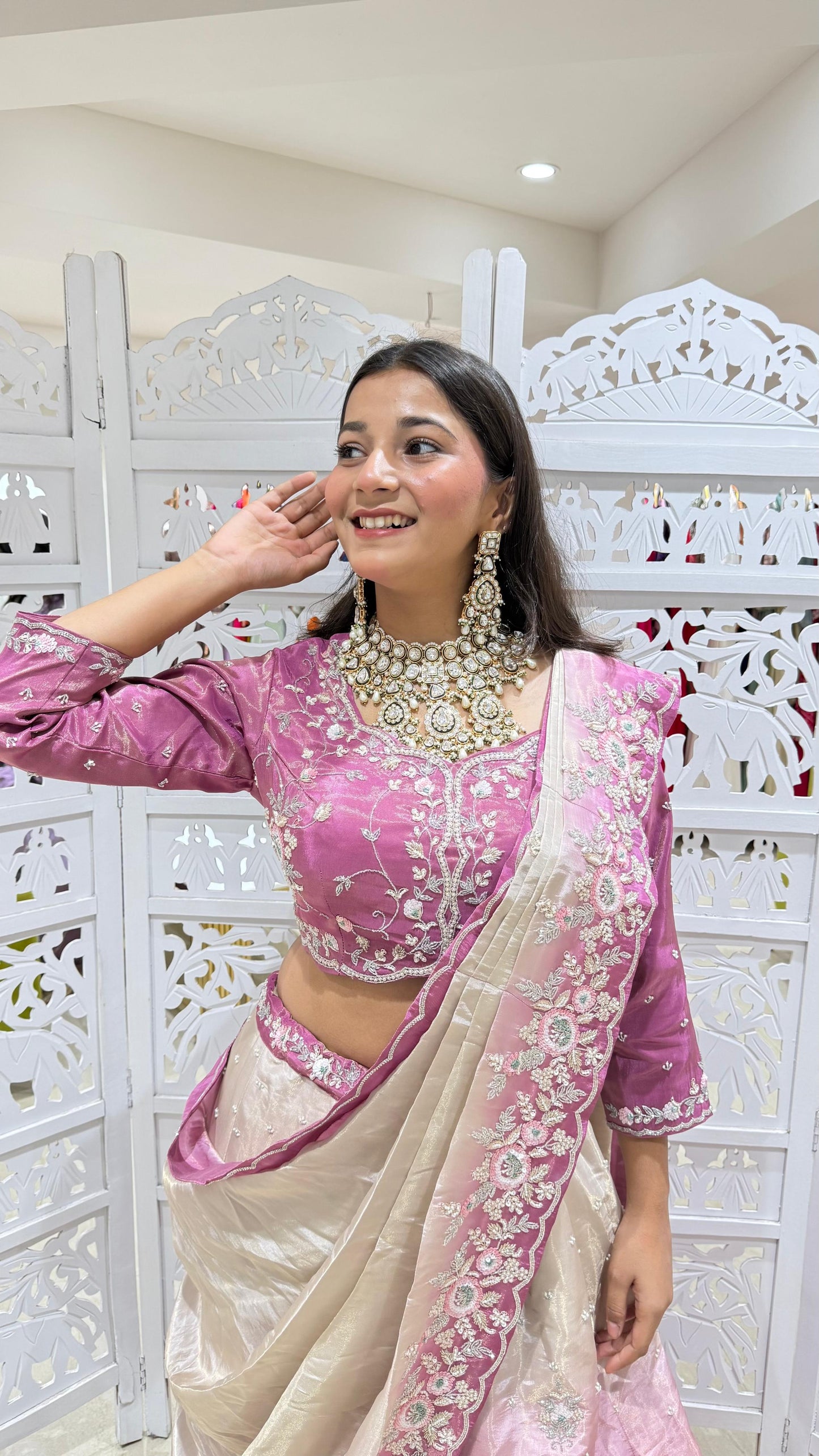 Drape lehenga Sequence jardoshi Threadwork Motiwork kathdaana