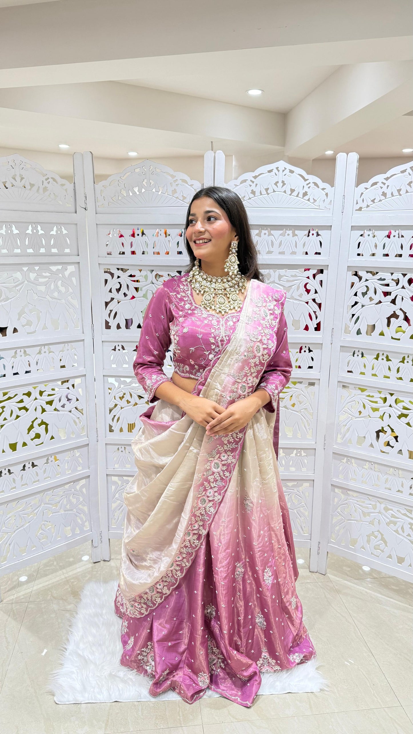 Drape lehenga Sequence jardoshi Threadwork Motiwork kathdaana