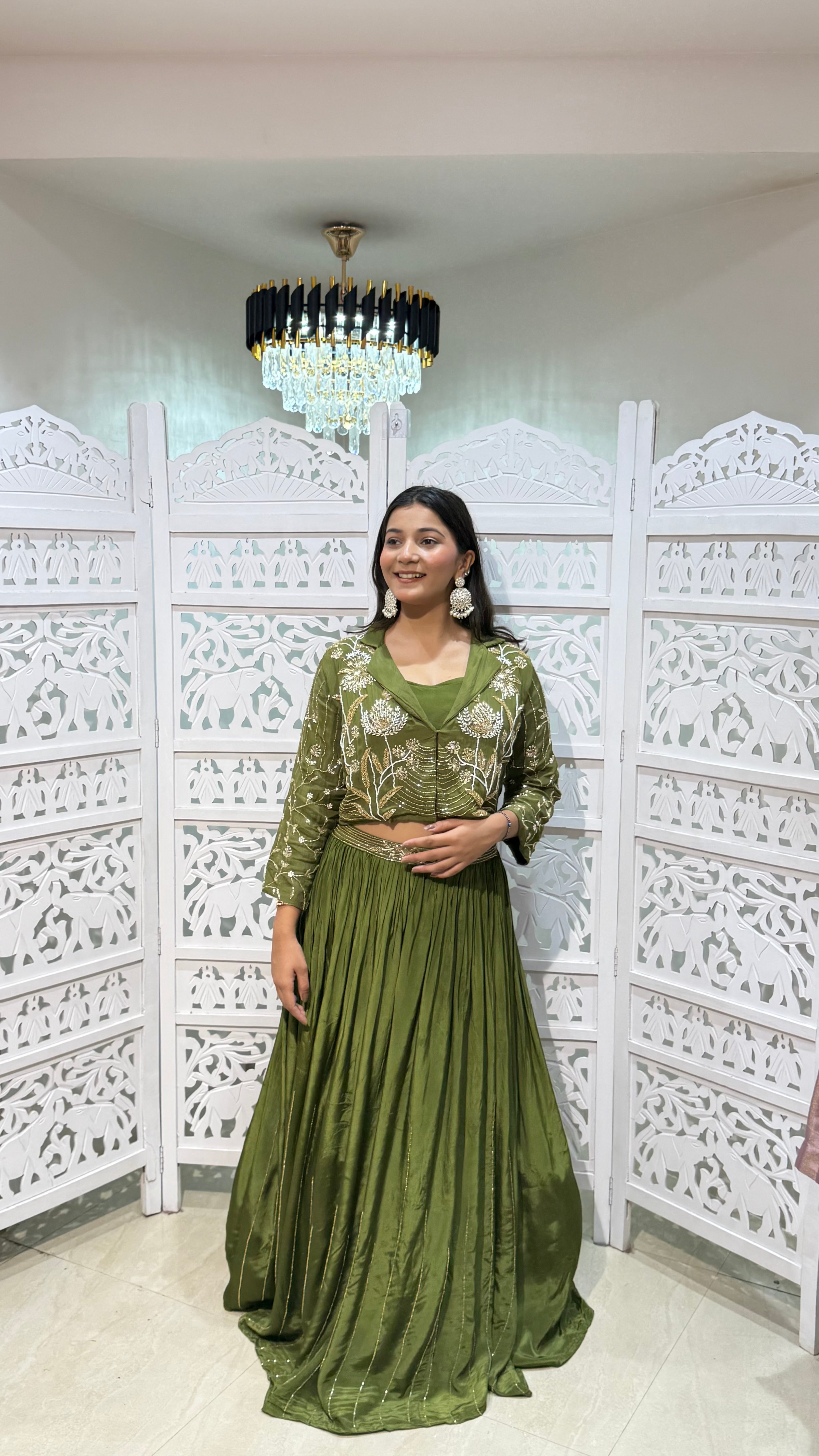 Crop top with jacket and skirt