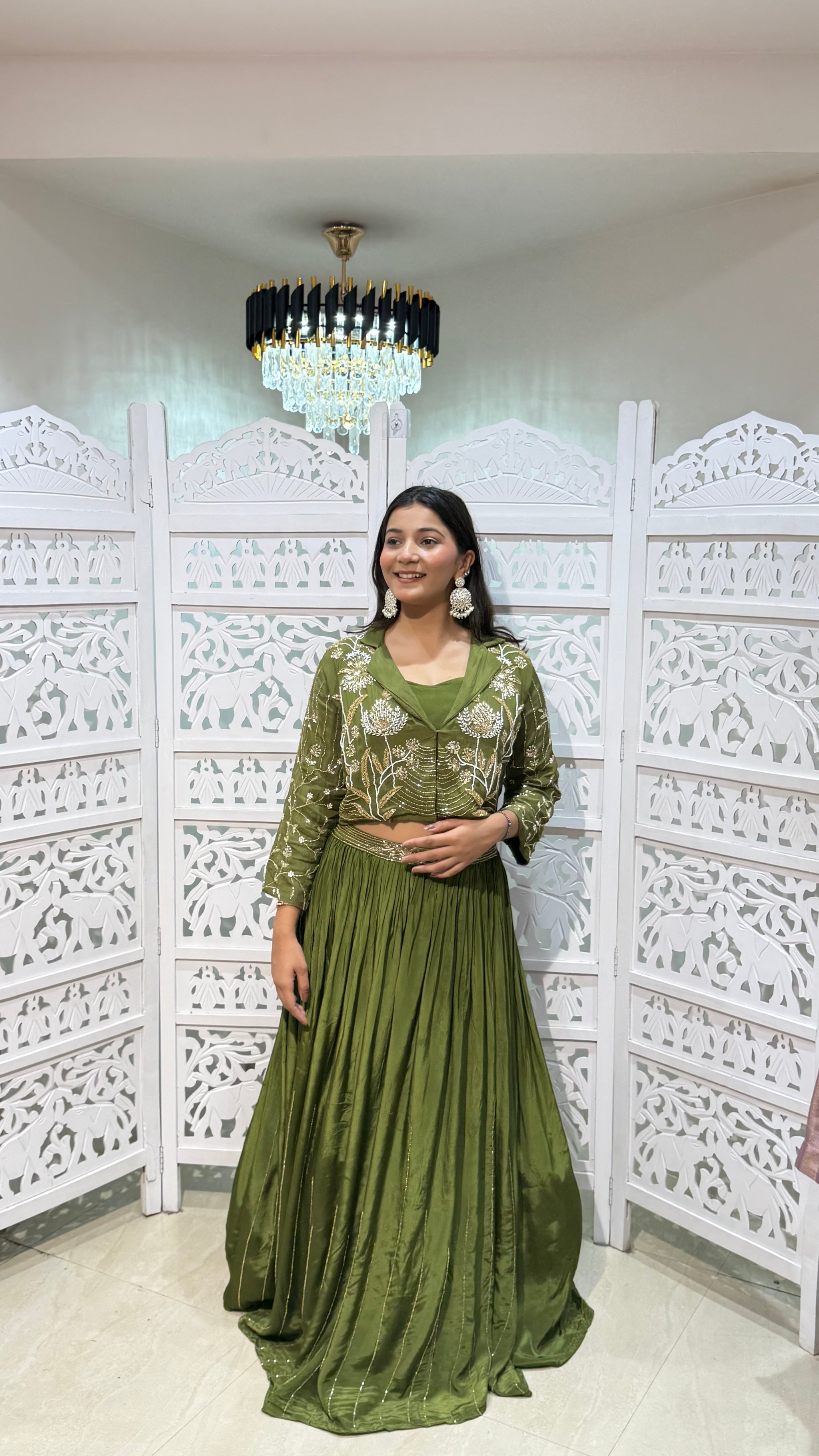 Crop top with jacket and skirt