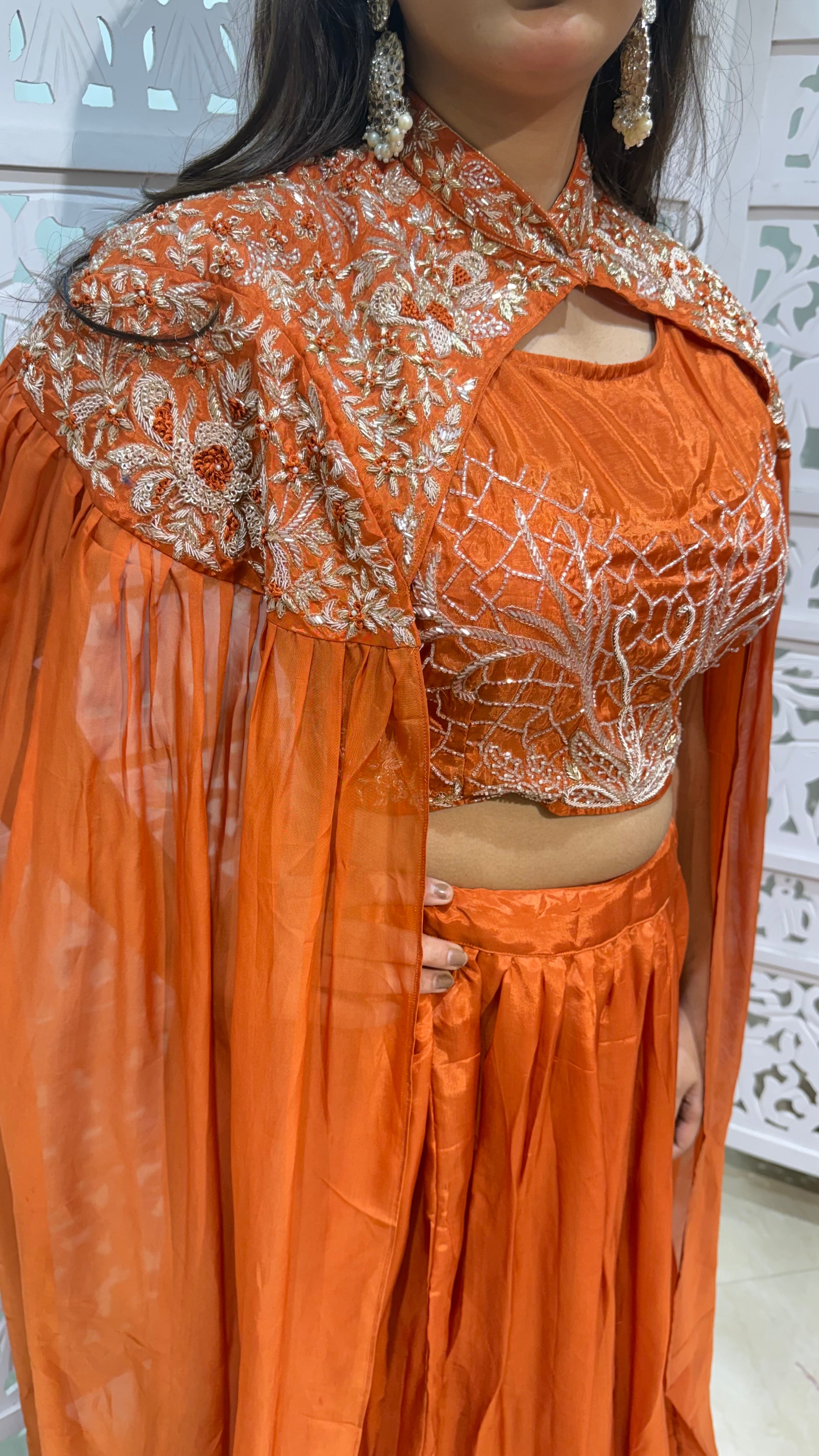 Stylish crop top shrug with skirt