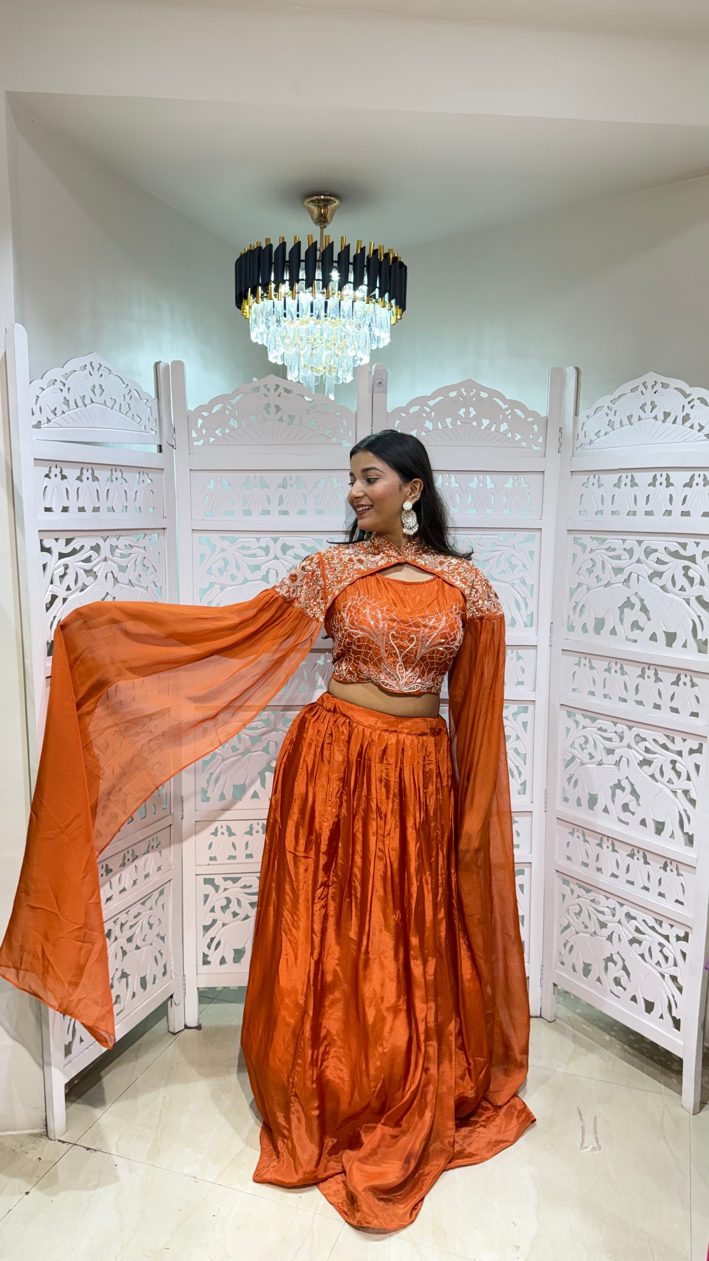 Stylish crop top shrug with skirt