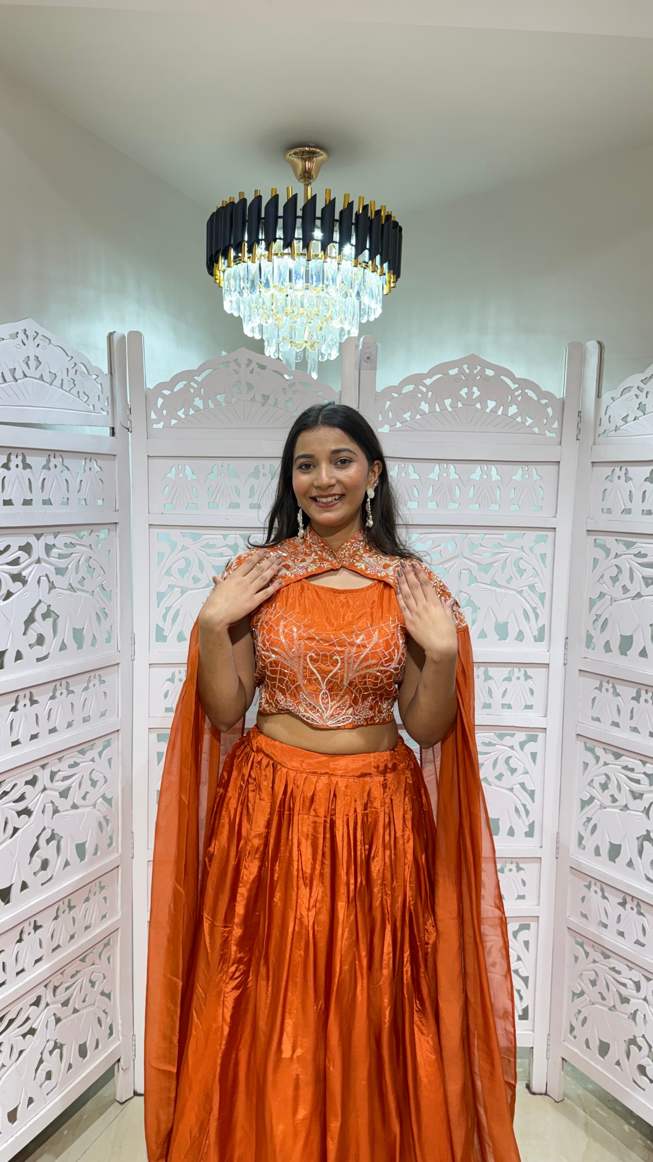 Stylish crop top shrug with skirt