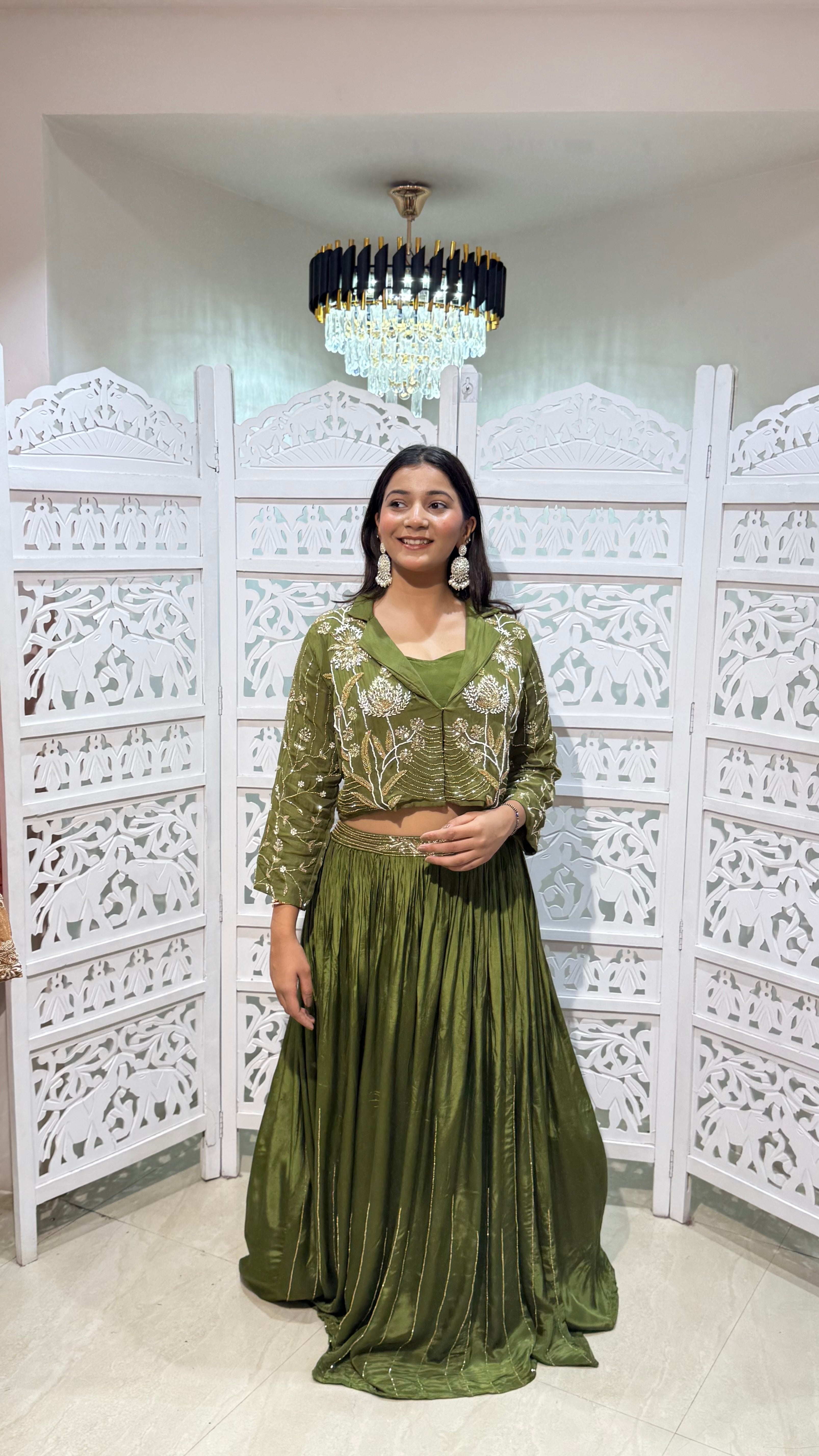 Crop top with jacket and skirt