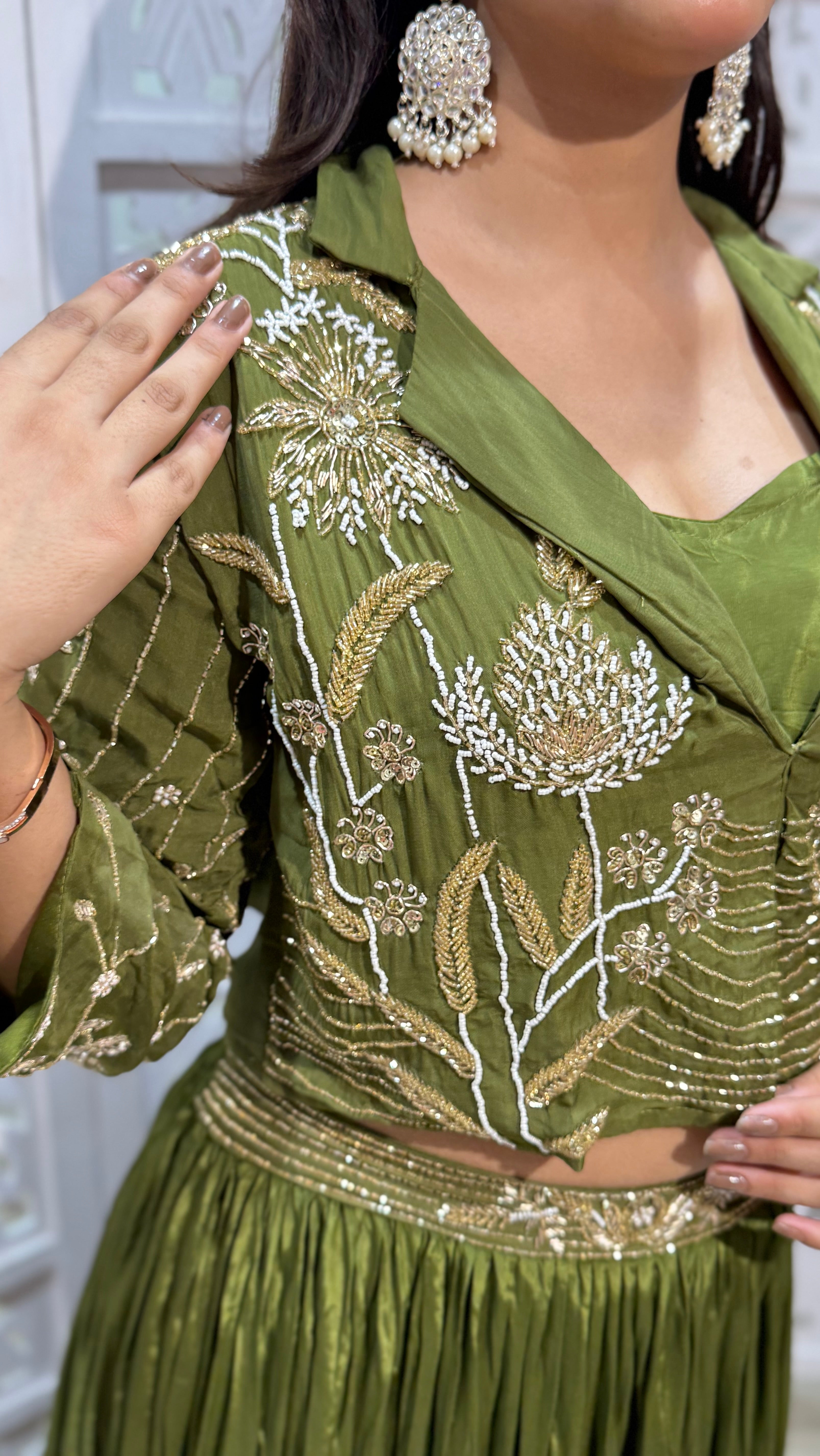 Crop top with jacket and skirt