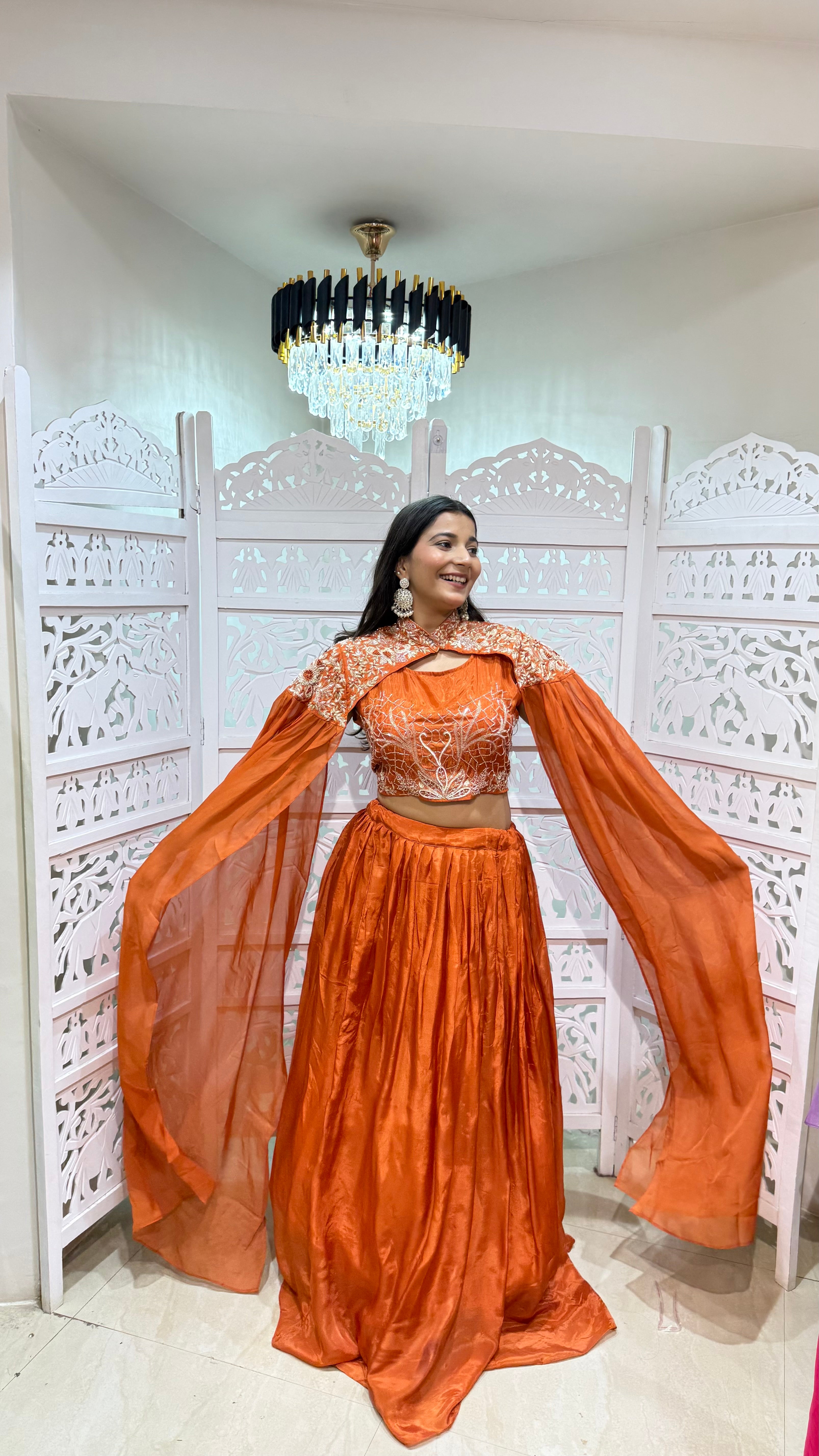 Stylish crop top shrug with skirt