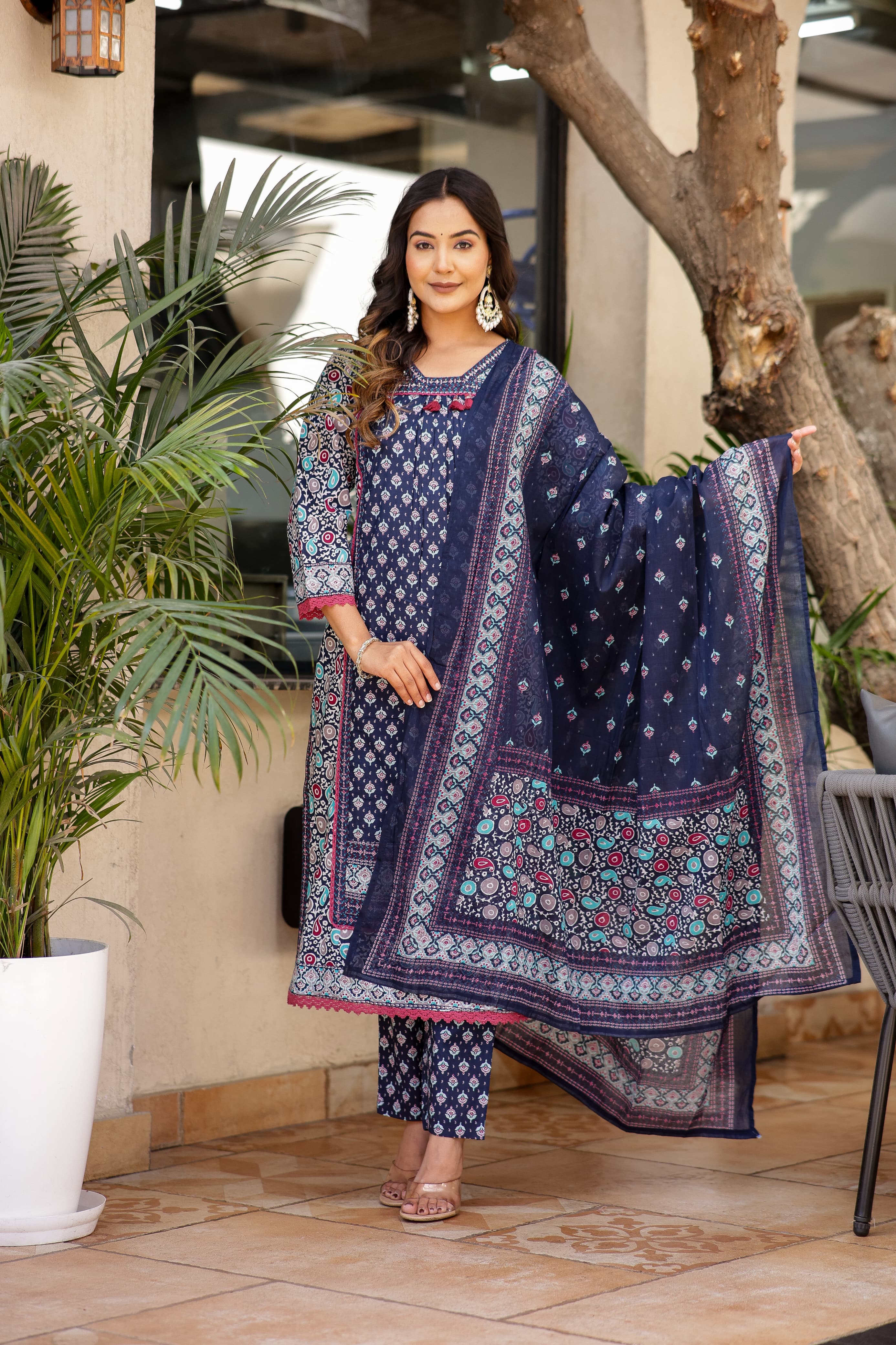 Kurti Set 3pcs Mul Cotton Digital Print Cut Dana Work