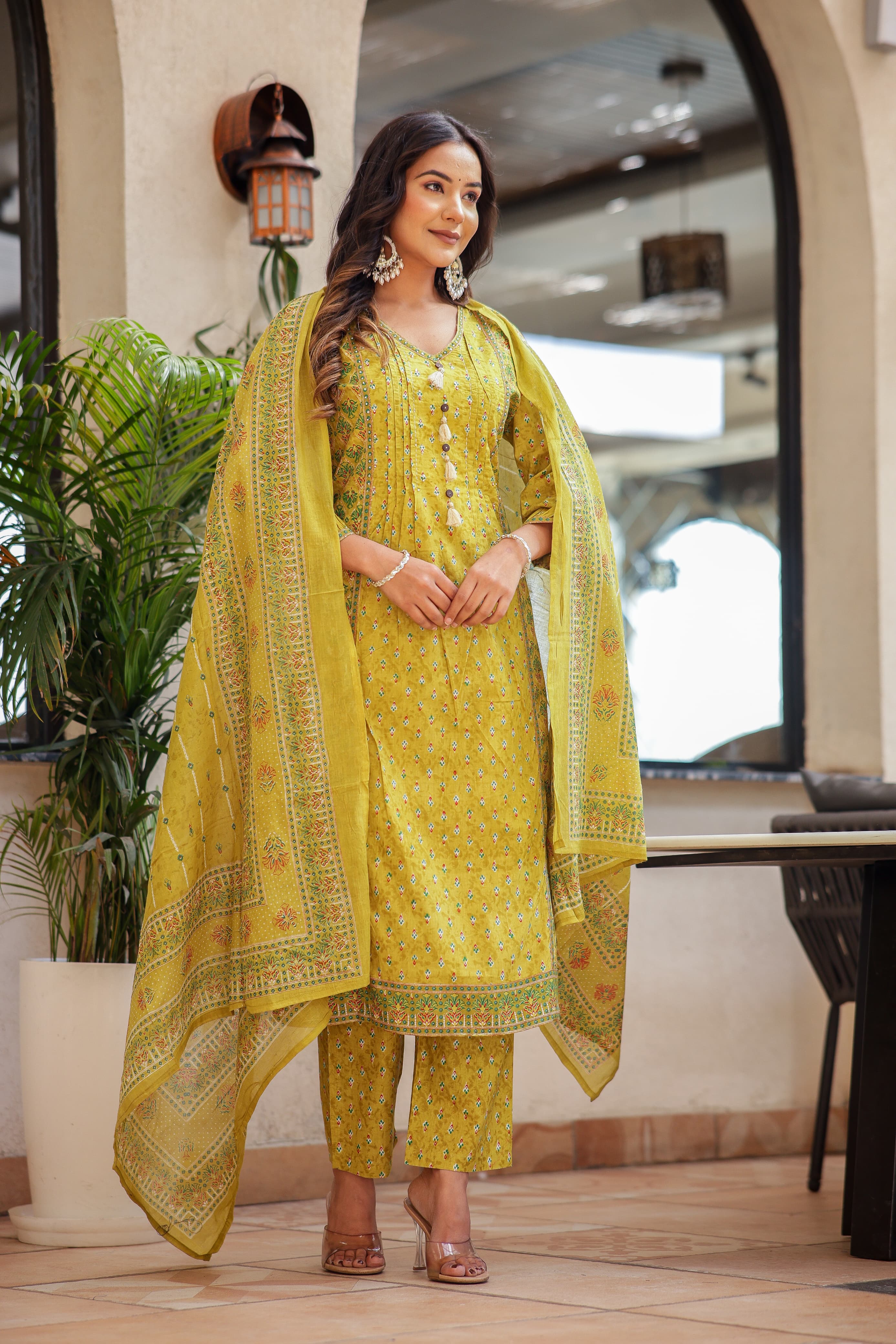 Kurti Set 3pcs Mul Cotton Digital Print Moti work Cut Dana Work