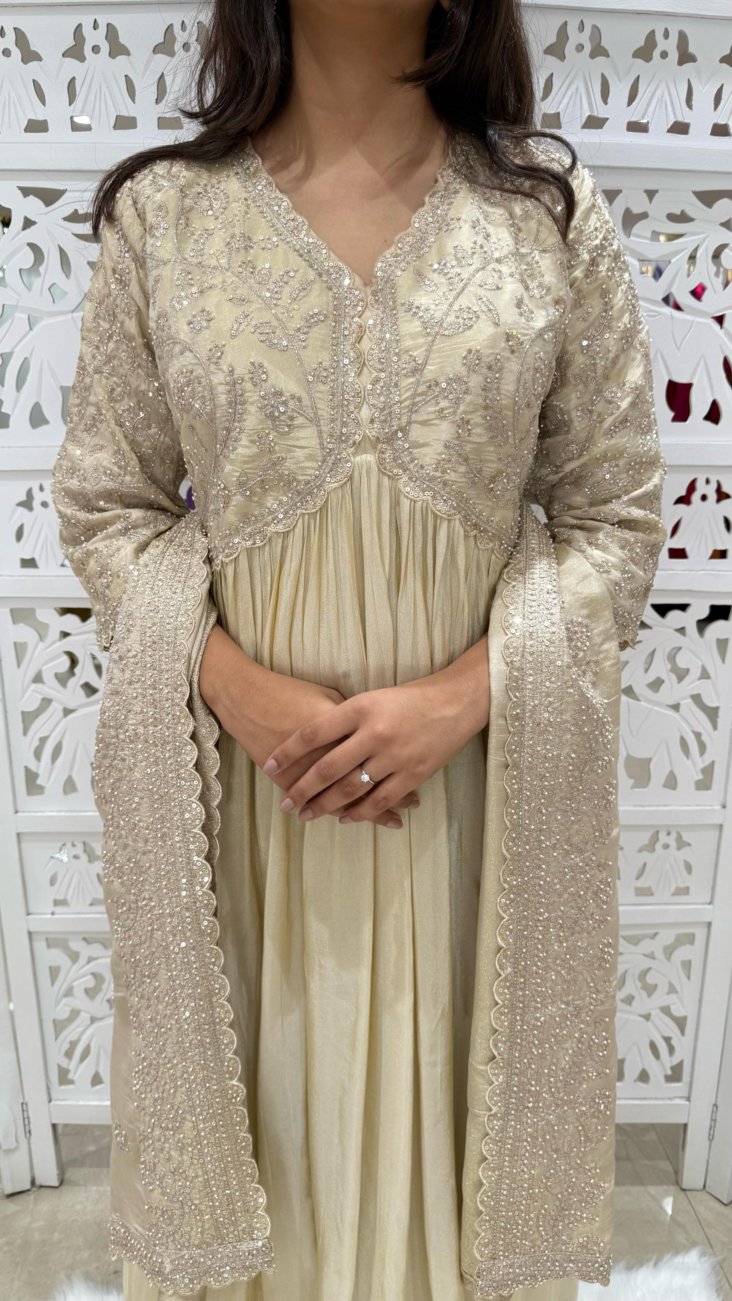 Beige Chinnon Gown Zardosi Work