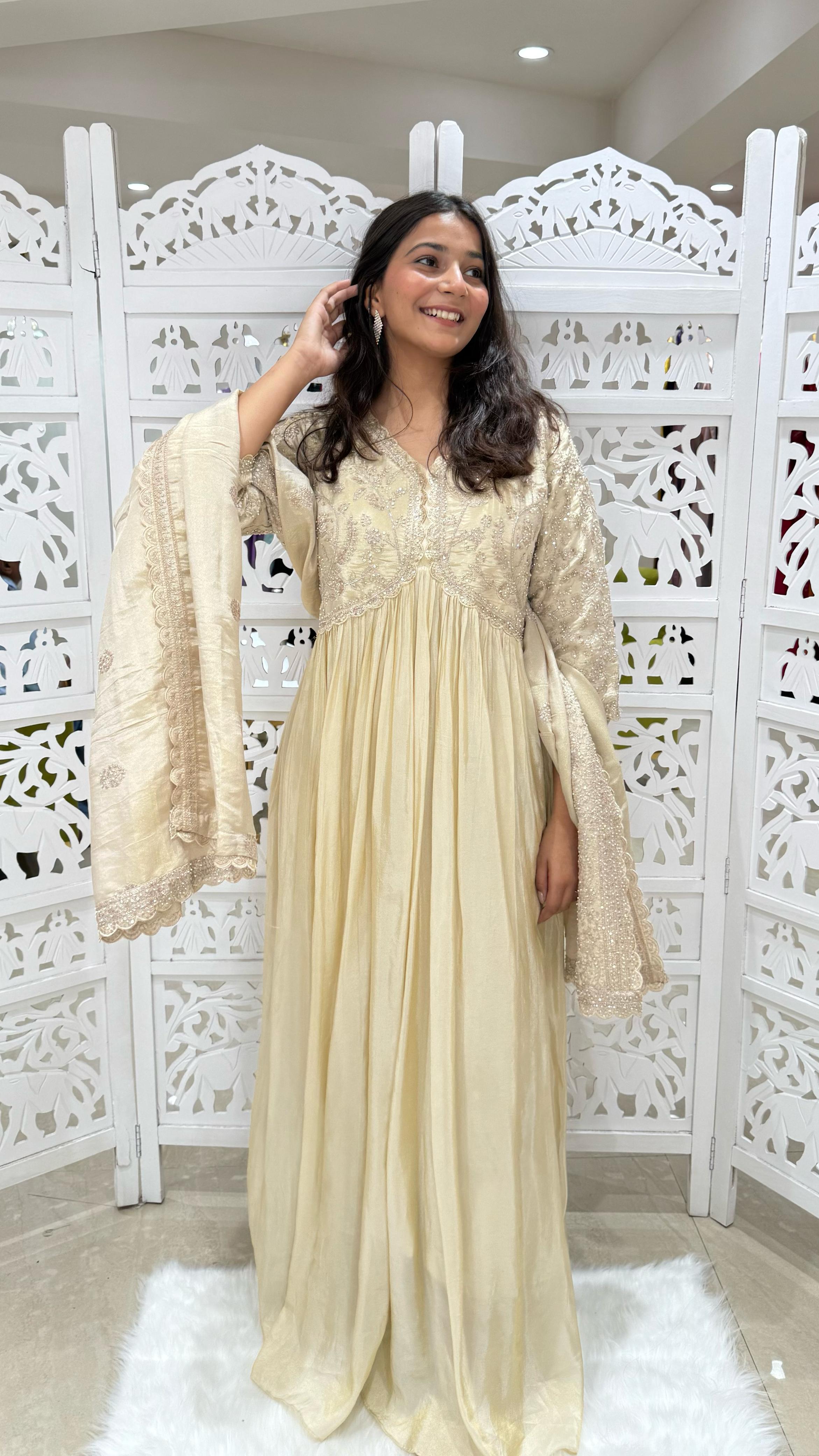 Beige Chinnon Gown Zardosi Work