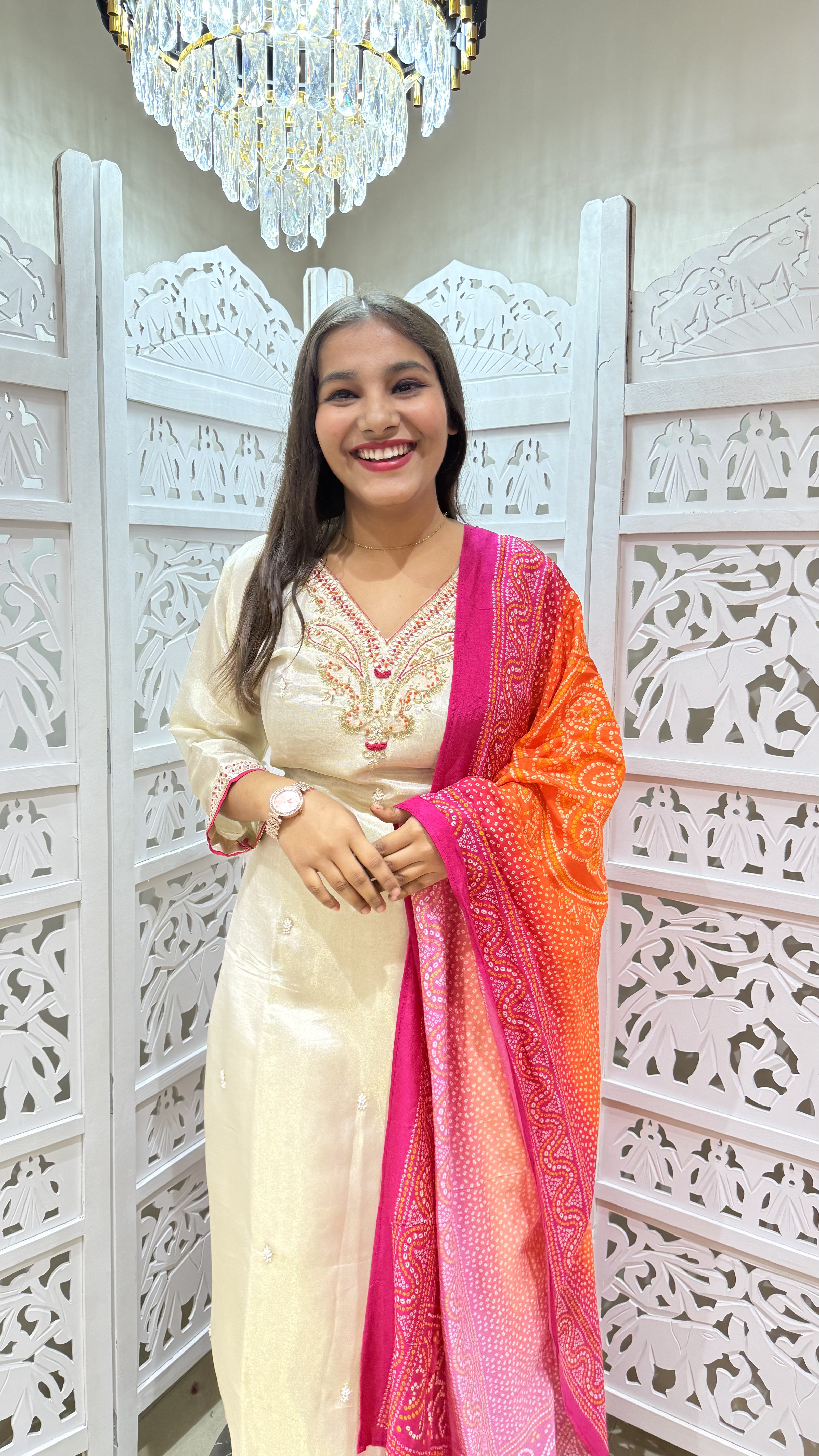 Cream Shimmer Kurti Set 3pcs