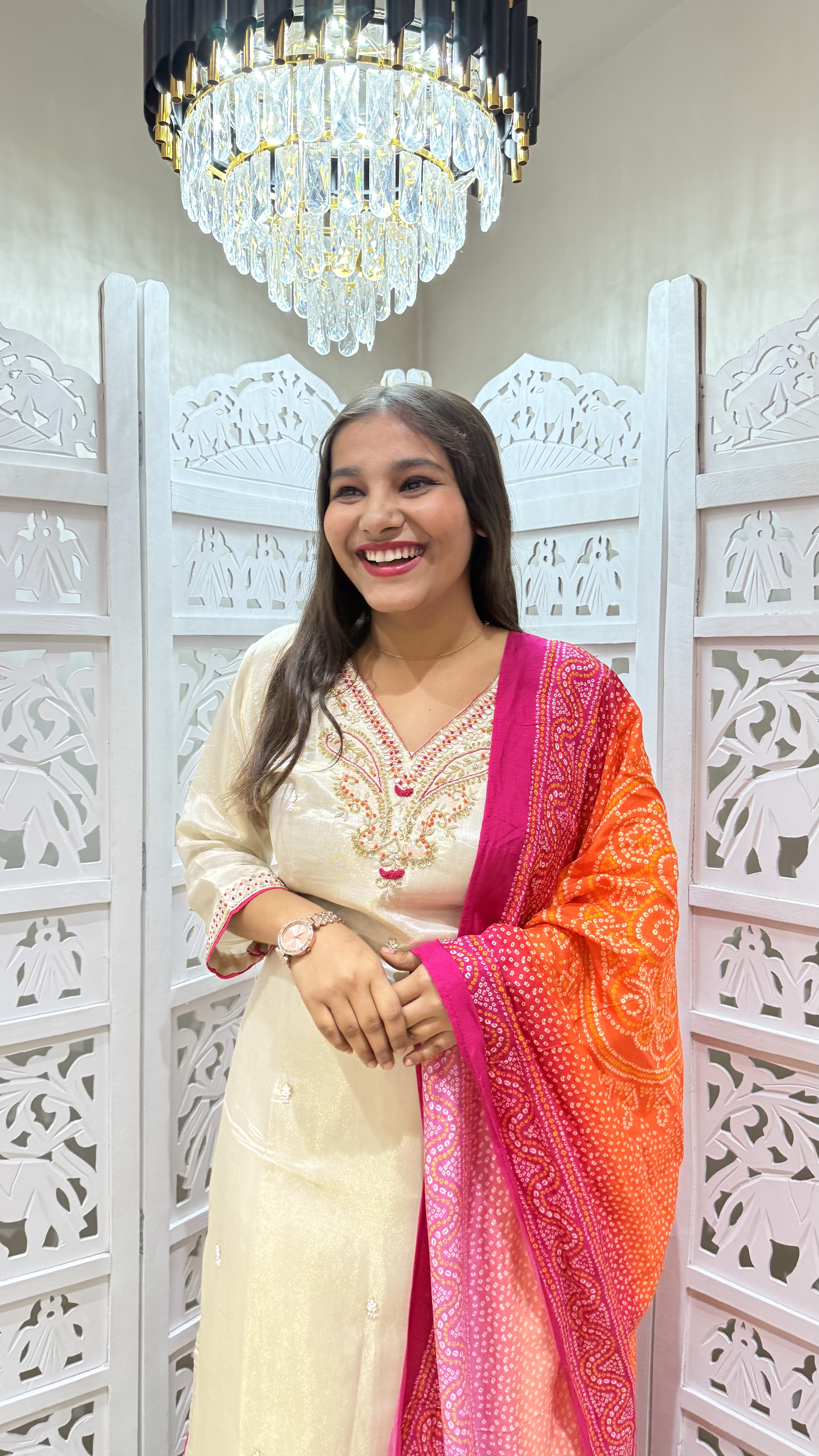 Cream Shimmer Kurti Set 3pcs