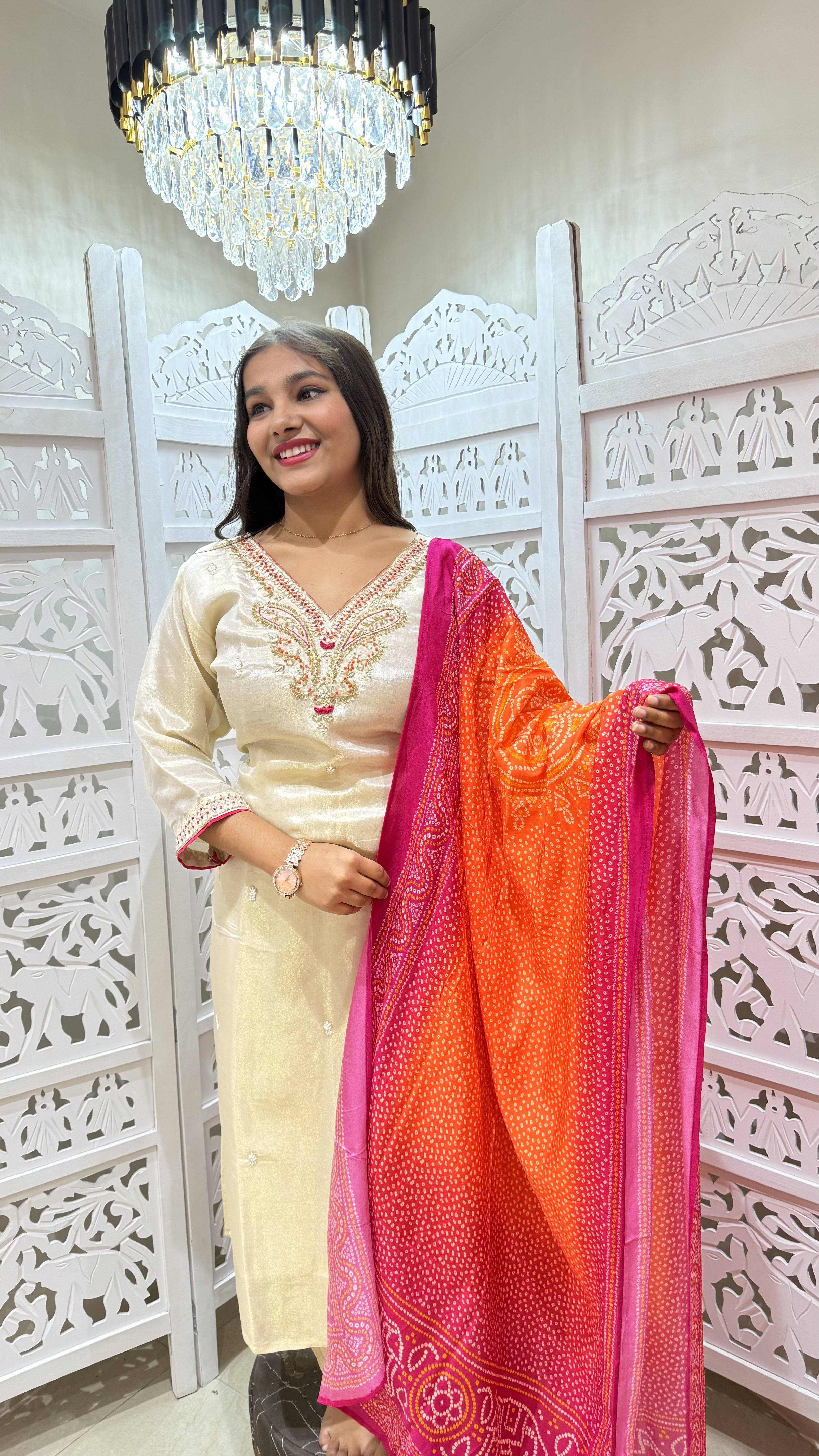 Cream Shimmer Kurti Set 3pcs