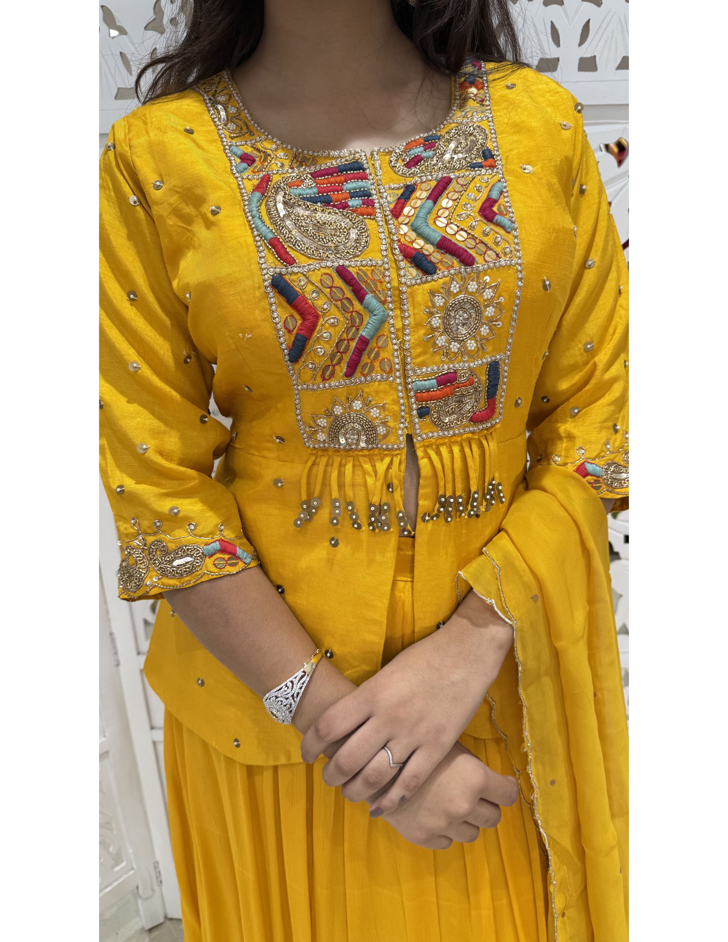Dola Silk and Chinnon Motiwork, Threadwork, Jardoshi Papplon Indo-Western