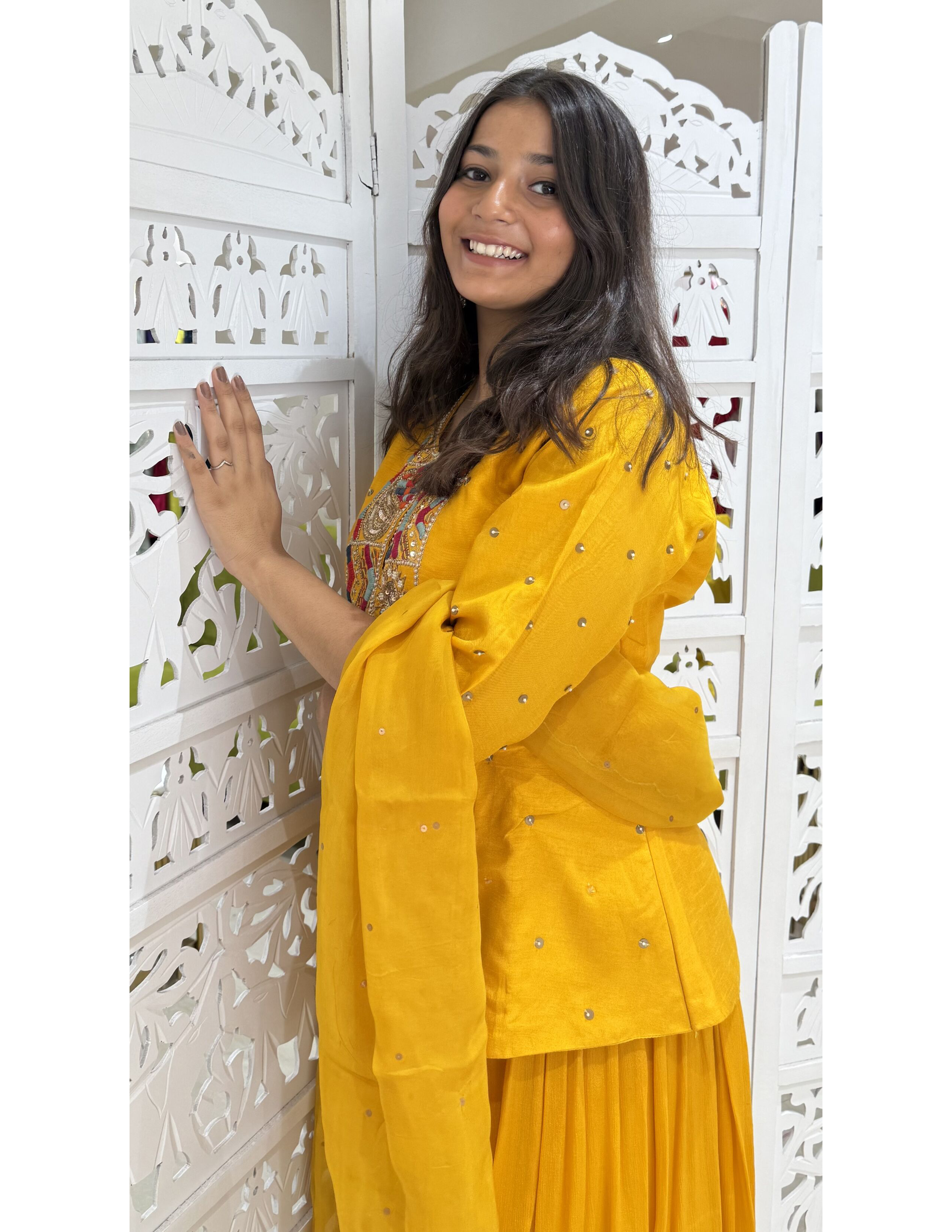 Dola Silk and Chinnon Motiwork, Threadwork, Jardoshi Papplon Indo-Western