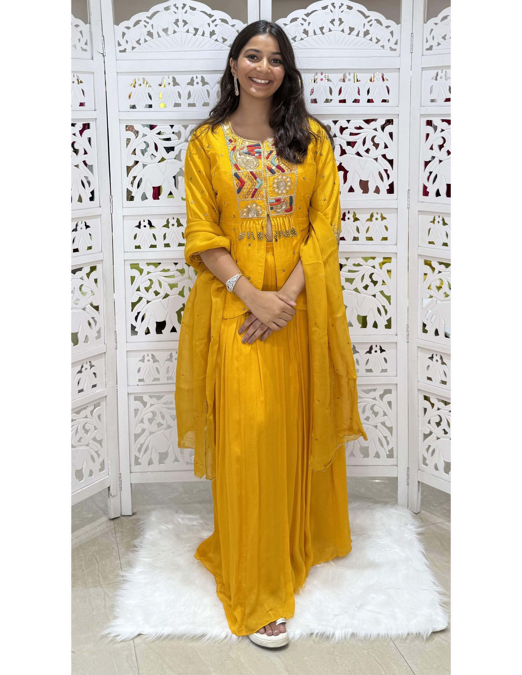 Dola Silk and Chinnon Motiwork, Threadwork, Jardoshi Papplon Indo-Western
