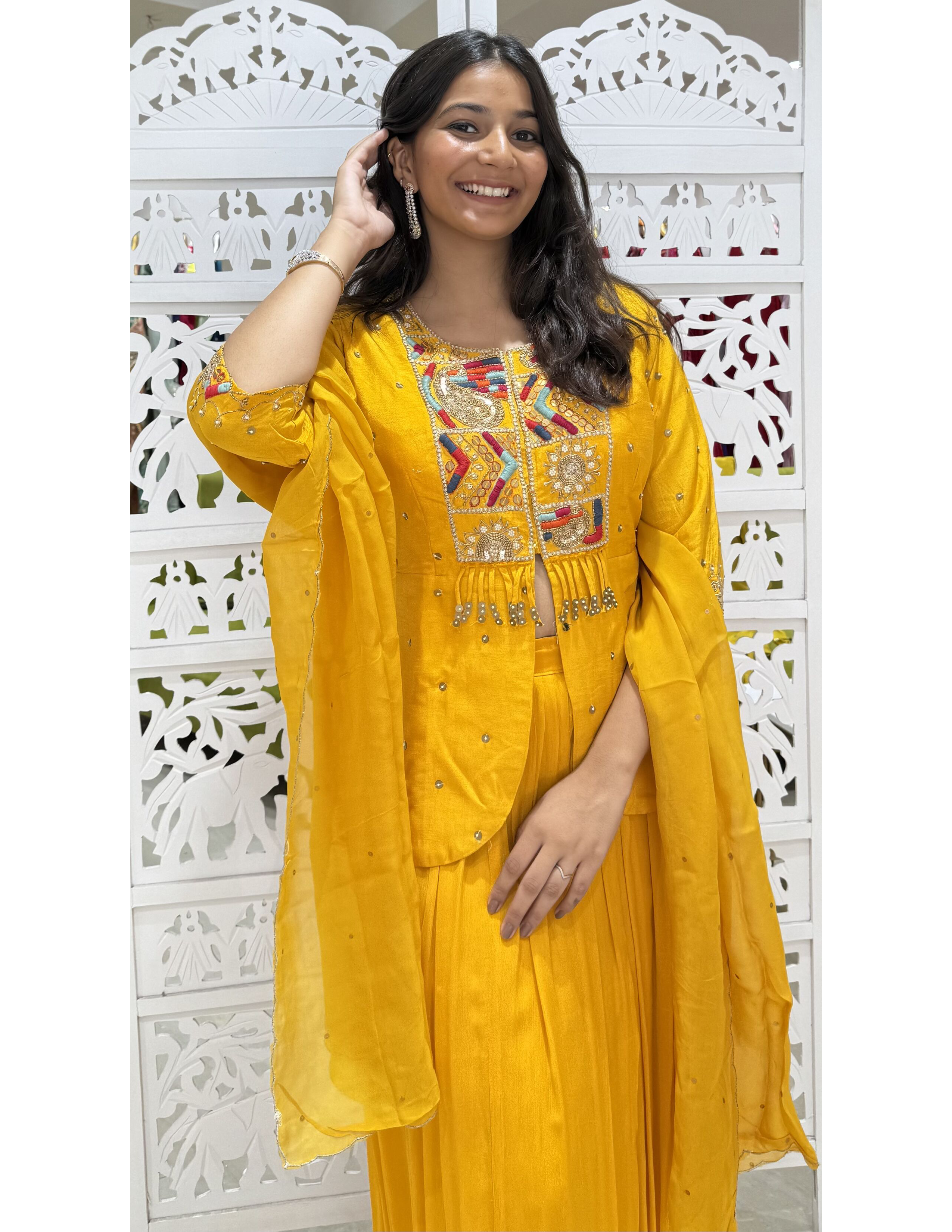 Dola Silk and Chinnon Motiwork, Threadwork, Jardoshi Papplon Indo-Western