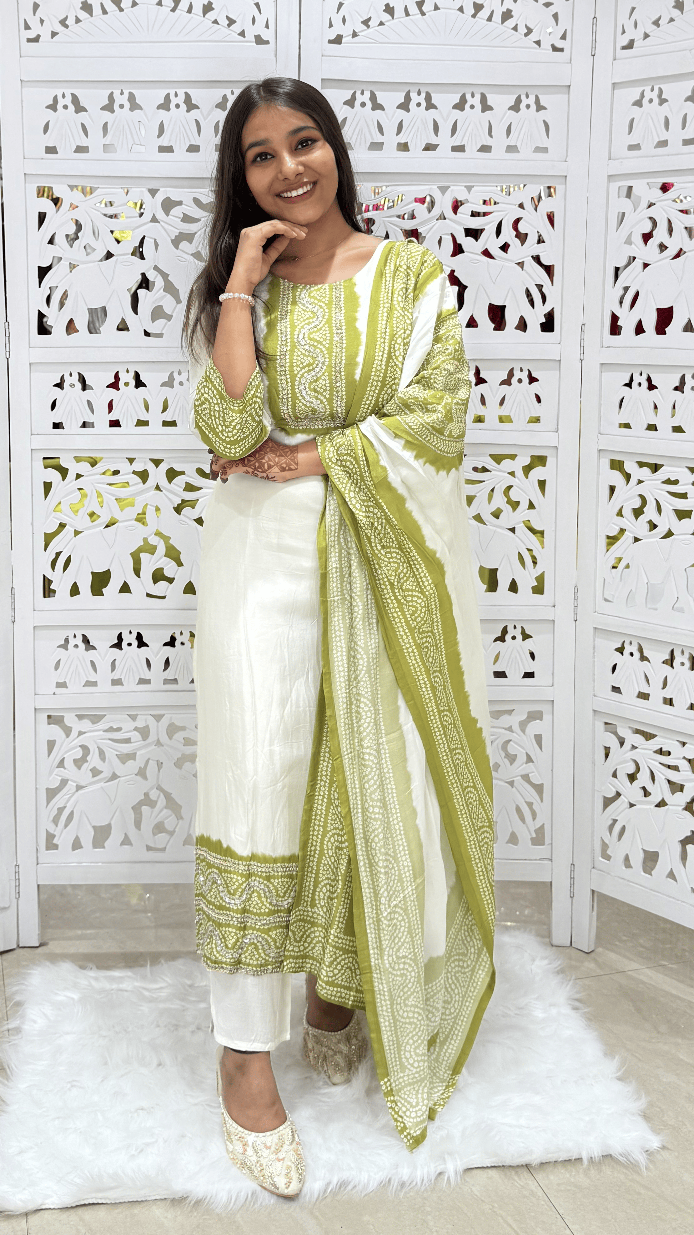 Dola Silk Bandhani Cut Dana Work Kurti Set