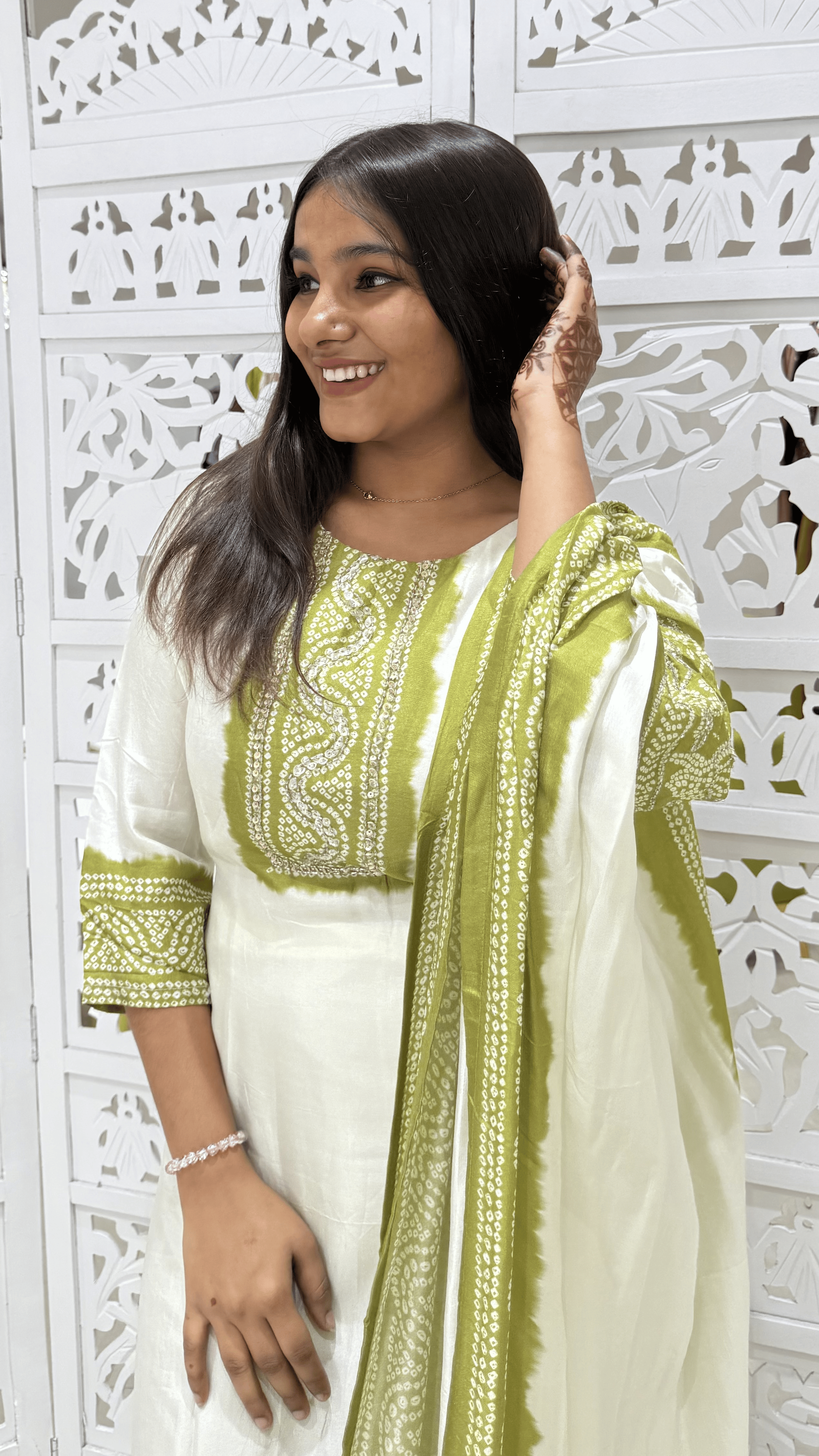 Dola Silk Bandhani Cut Dana Work Kurti Set