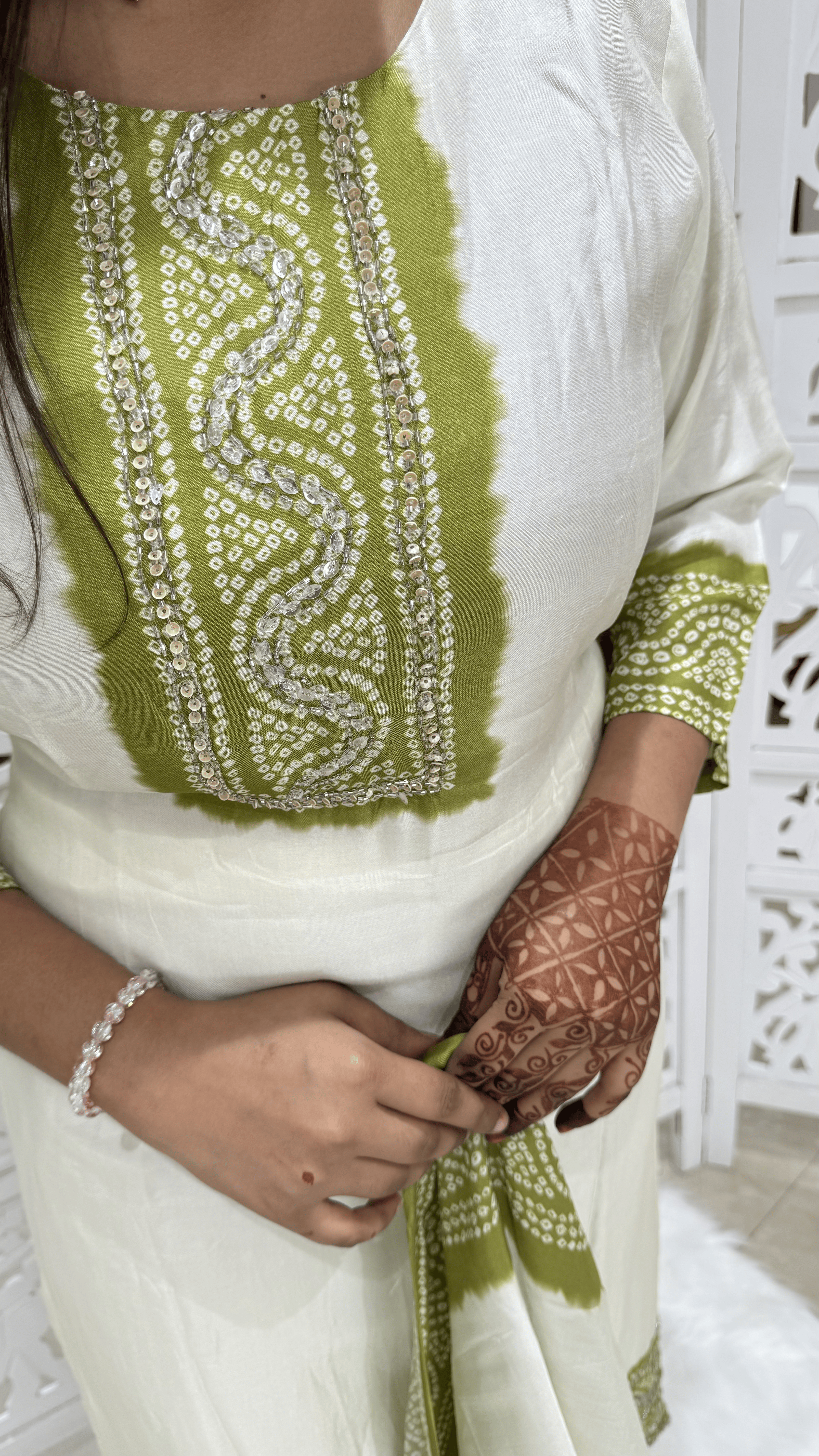 Dola Silk Bandhani Cut Dana Work Kurti Set