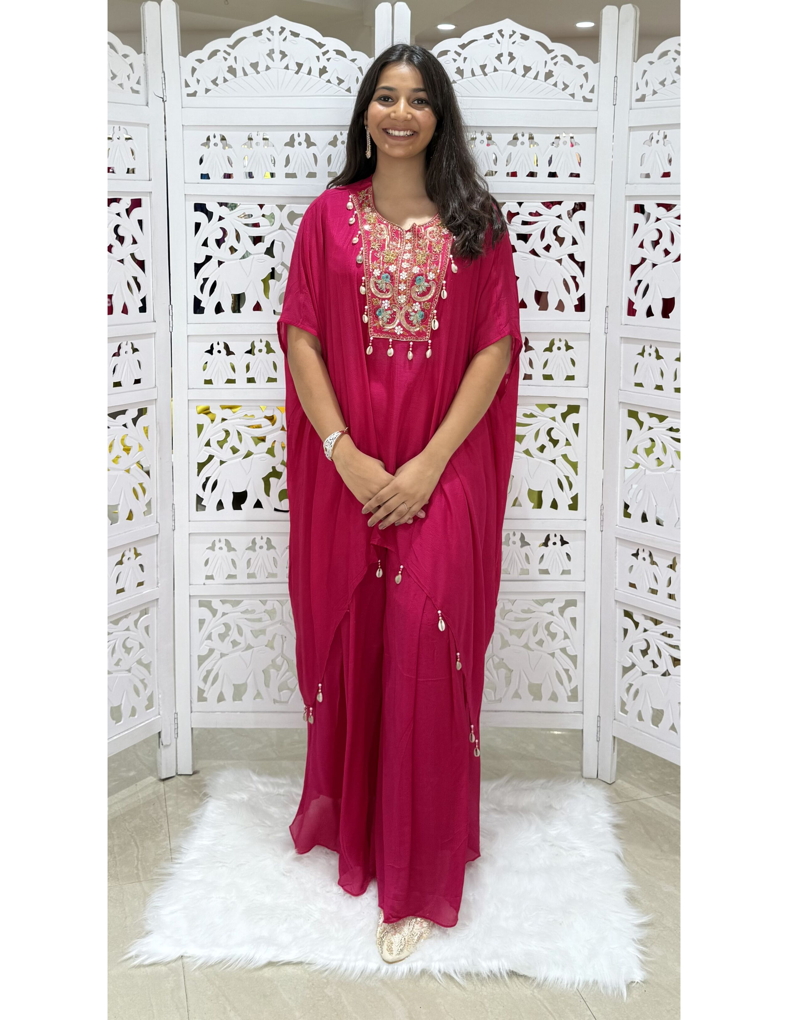 Chinnon Mirrorwork, Gold Motiwork, Threadwork, Shankh Kaftan