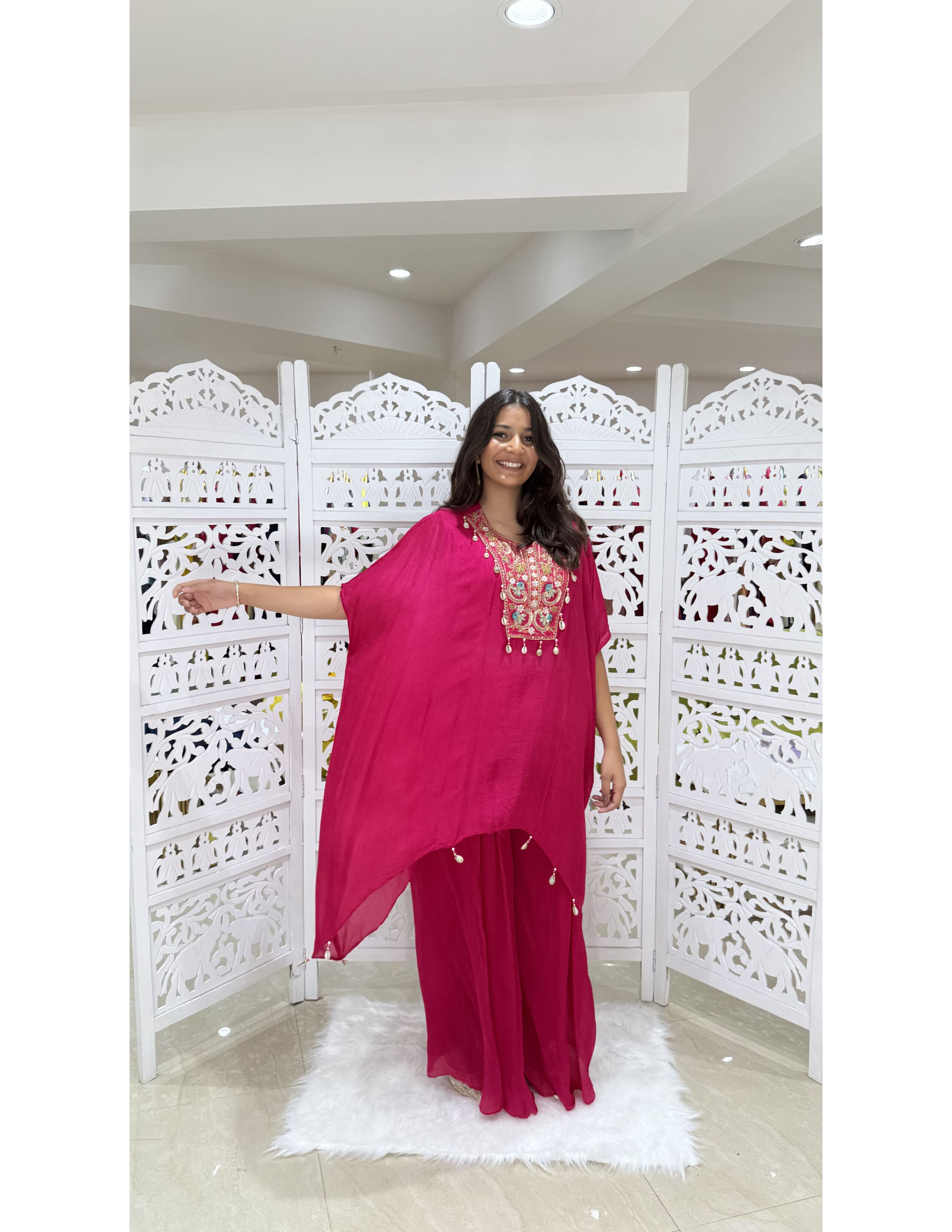 Chinnon Mirrorwork, Gold Motiwork, Threadwork, Shankh Kaftan
