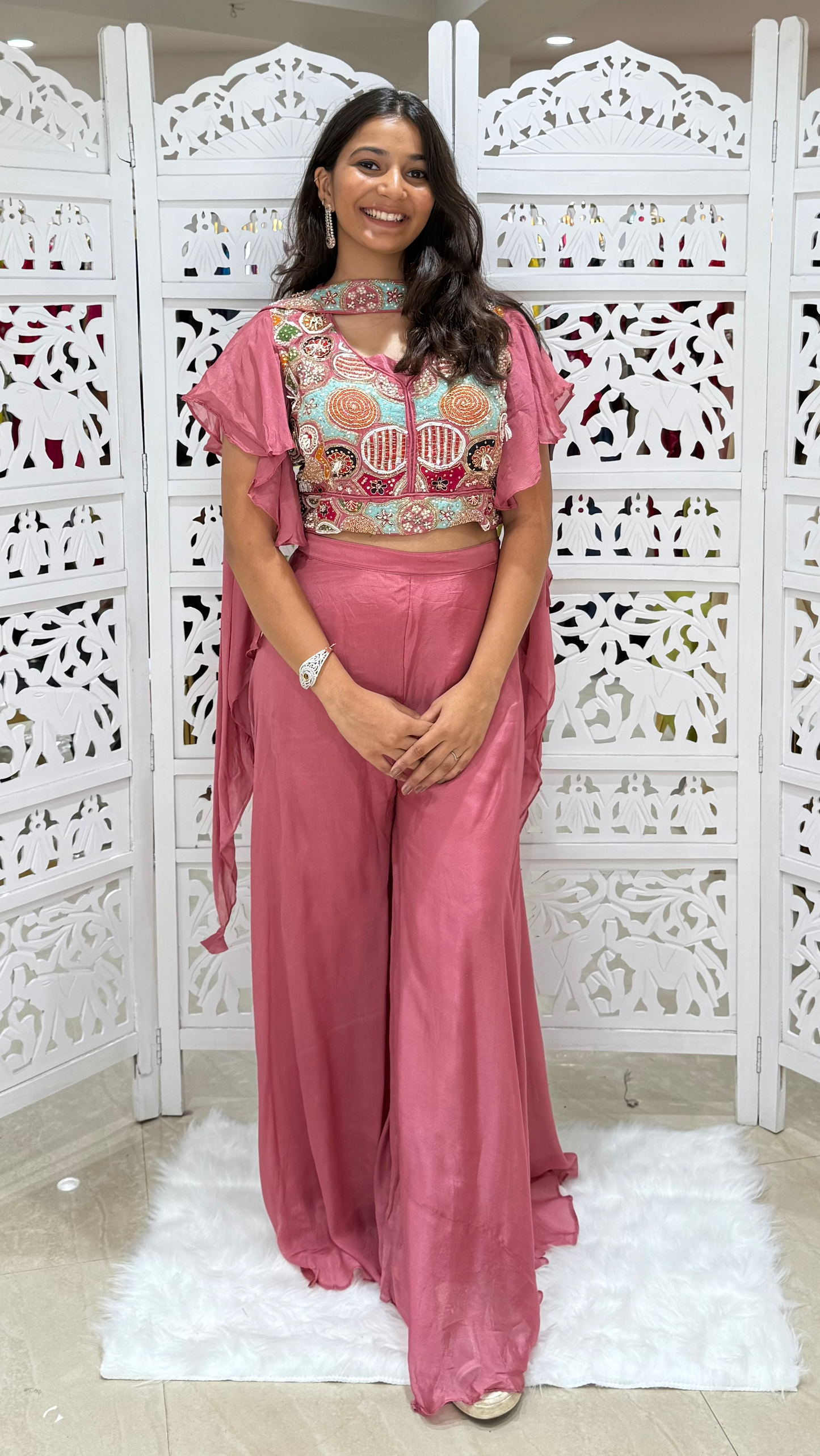 Chinnon and Dola Silk Indo-Western Plazo Crop Top Set