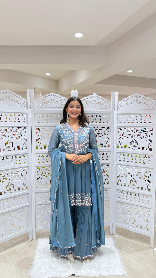Three piece kurti sharara with dupatta